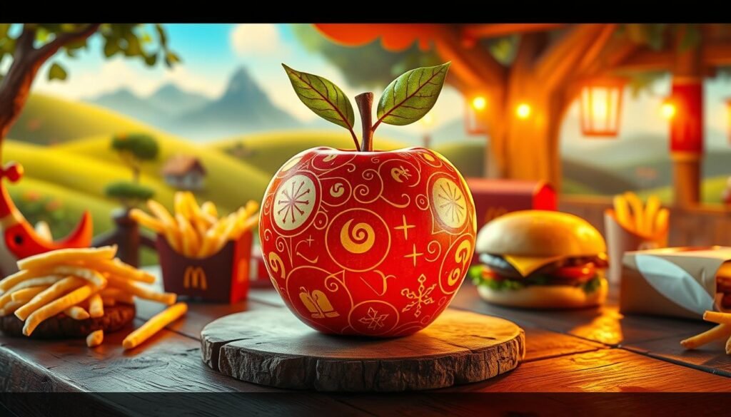 A vibrant, whimsical setting showcasing a Genshin Impact-inspired apple taking center stage, adorned with intricate magical patterns reminiscent of the game's art style. The apple is resting on a rustic wooden table, surrounded by fantasy-themed food items and familiar McDonald's menu elements, like fries and a burger, seamlessly blending the two worlds. In the background, a softly lit, enchanting landscape features elements like lush green hills and distant mountains, hinting at the game's scenic environment. The scene is illuminated with warm, golden lighting, enhancing the inviting atmosphere. Use a wide-angle lens to capture the playful essence and richness of colors, evoking a sense of joy and fantasy. The overall mood is cheerful and imaginative, perfect for showcasing the crossover between Genshin Impact and McDonald's. A vibrant, whimsical setting showcasing a Genshin Impact-inspired apple taking center stage, adorned with intricate magical patterns reminiscent of the game's art style. The apple is resting on a rustic wooden table, surrounded by fantasy-themed food items and familiar McDonald's menu elements, like fries and a burger, seamlessly blending the two worlds. In the background, a softly lit, enchanting landscape features elements like lush green hills and distant mountains, hinting at the game's scenic environment. The scene is illuminated with warm, golden lighting, enhancing the inviting atmosphere. Use a wide-angle lens to capture the playful essence and richness of colors, evoking a sense of joy and fantasy. The overall mood is cheerful and imaginative, perfect for showcasing the crossover between Genshin Impact and McDonald's.