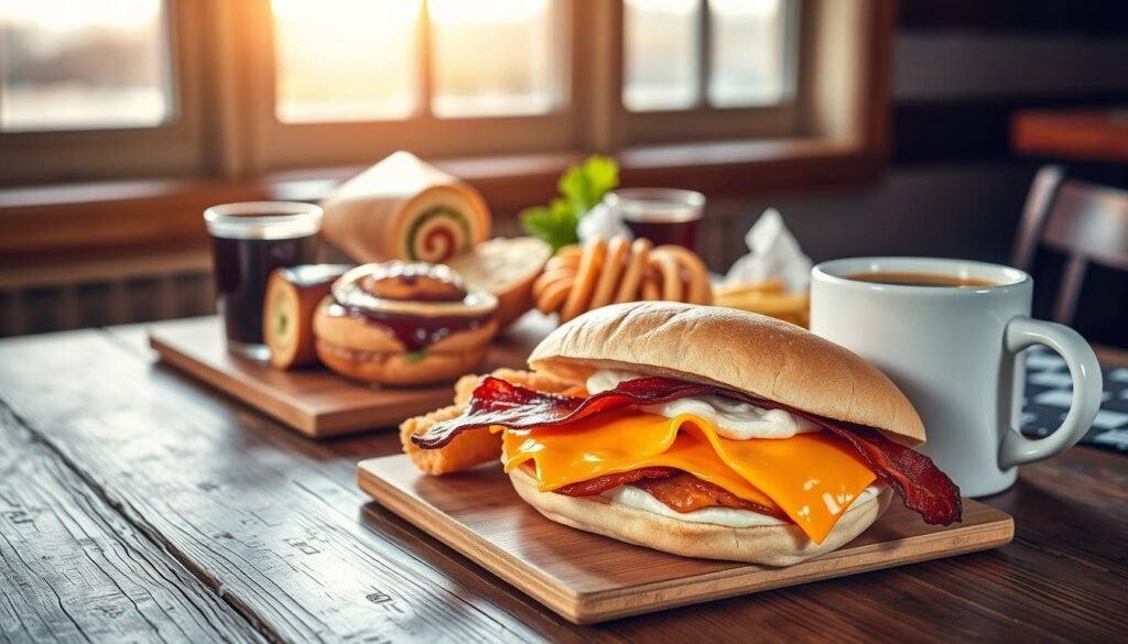 A visually appealing Arby's breakfast menu spread laid out on a rustic wooden table. In the foreground, focus on a freshly made breakfast sandwich with crispy bacon, fluffy eggs, and melted cheese, perfectly arranged beside a golden hash brown and a cup of freshly brewed coffee. In the middle, display additional menu items like a breakfast wrap and a cinnamon roll, enticingly garnished with a sprig of parsley. The background features soft morning light filtering through a window, casting a warm glow, with hints of an outdoor landscape. The overall atmosphere is inviting and cozy, evoking a sense of morning comfort and deliciousness, perfect for enhancing a discussion about breakfast highlights. The composition should capture the essence of a vibrant breakfast experience.