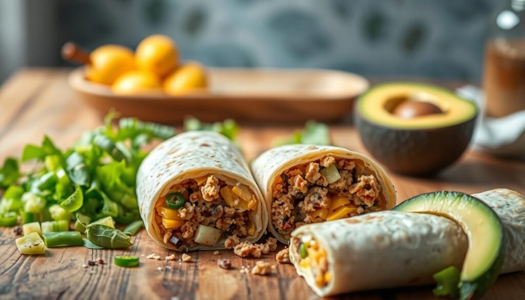 A visually appealing composition showcasing the key ingredients of protein and fat in a burrito. In the foreground, a beautifully plated breakfast burrito is displayed, cut in half to reveal its hearty fillings of scrambled eggs, cheese, and crumbled sausage. Surrounding the burrito, fresh green elements like diced peppers and avocado slices add a vibrant color contrast, enhancing the focus on nutrition. In the middle ground, a rustic wooden table surface complements the ingredients, while a subtle reflection of warm morning light creates a cozy atmosphere. The background is softly blurred, emphasizing the burrito and its components without distractions. The lighting should evoke a warm, inviting feel, highlighting the texture of the ingredients, and encouraging a sense of wholesome, satisfying, and balanced nutrition.