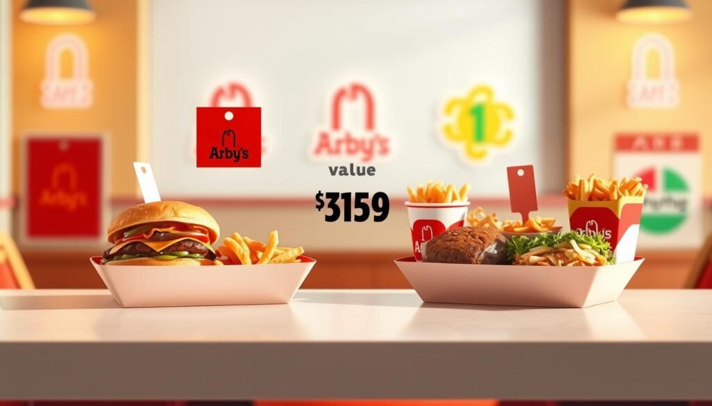 A visually appealing illustration of a "value comparison" concept, featuring a vibrant fast food scene in a bright and inviting setting. In the foreground, depict two large, colorful meal trays, one showcasing the newest item from Arby's – a delicious looking sandwich and sides – and the other displaying comparable meals from two different fast food chains. In the middle, create a clean table with contrasting price tags hovering above each meal, highlighting the value of Arby's item versus its competitors. The background features stylized logos of popular fast food chains, subtly blurred to maintain focus on the meal trays. Use warm lighting to create an inviting atmosphere, with a shallow depth of field to emphasize the food. The overall mood should feel fresh, engaging, and appetizing, perfect for a dining enthusiast.