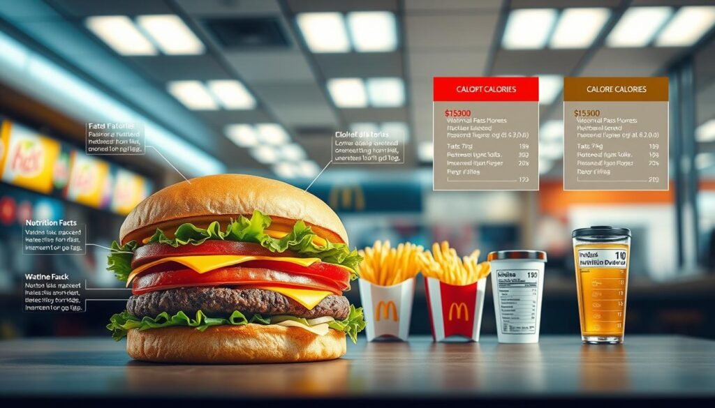 A visually appealing infographic illustrating the concept of nutritional variation, centered around a McDonald's hamburger. In the foreground, a detailed, realistic image of a hamburger cut in half, revealing layers of ingredients like lettuce, tomato, cheese, and beef patty with nutritional labels indicating calories and nutrient variations around them. In the middle ground, a variety of common fast-food items like fries and drinks displayed to showcase differing calorie counts and nutrition facts, all set against a soft-focus background of a fast-food restaurant interior, with bright, inviting overhead lighting. The atmosphere should be informative yet engaging, emphasizing the complexity of nutritional information in a relatable manner. A visually appealing infographic illustrating the concept of nutritional variation, centered around a McDonald's hamburger. In the foreground, a detailed, realistic image of a hamburger cut in half, revealing layers of ingredients like lettuce, tomato, cheese, and beef patty with nutritional labels indicating calories and nutrient variations around them. In the middle ground, a variety of common fast-food items like fries and drinks displayed to showcase differing calorie counts and nutrition facts, all set against a soft-focus background of a fast-food restaurant interior, with bright, inviting overhead lighting. The atmosphere should be informative yet engaging, emphasizing the complexity of nutritional information in a relatable manner.