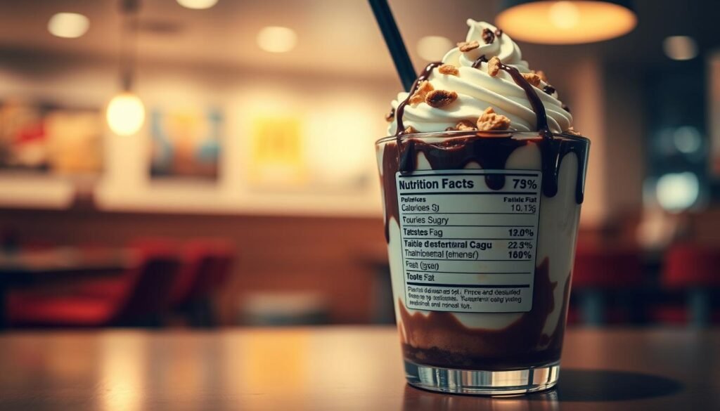A visually appealing, organized layout featuring a detailed nutrition label for a McDonald's Hot Fudge Sundae. In the foreground, present a large, colorful version of the nutrition label, emphasizing calories, sugars, fats, and other essential nutrients in clear, bold text. In the middle ground, include an artistic depiction of the Sundae itself, showcasing its rich, creamy texture topped with hot fudge, nuts, and whipped cream. The background should be softly blurred, hinting at a warm, inviting McDonald's interior, with soft lighting that creates a cozy atmosphere. Use a slight overhead angle to capture the label and Sundae together harmoniously, ensuring a professional and informative vibe. A visually appealing, organized layout featuring a detailed nutrition label for a McDonald's Hot Fudge Sundae. In the foreground, present a large, colorful version of the nutrition label, emphasizing calories, sugars, fats, and other essential nutrients in clear, bold text. In the middle ground, include an artistic depiction of the Sundae itself, showcasing its rich, creamy texture topped with hot fudge, nuts, and whipped cream. The background should be softly blurred, hinting at a warm, inviting McDonald's interior, with soft lighting that creates a cozy atmosphere. Use a slight overhead angle to capture the label and Sundae together harmoniously, ensuring a professional and informative vibe.