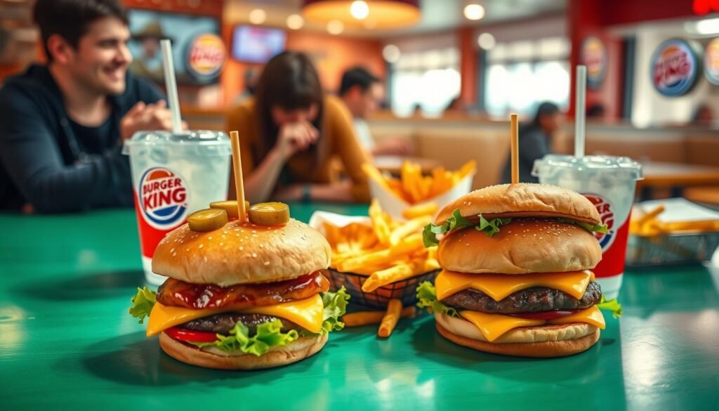 A visually appealing overhead shot of a vibrant Burger King table set for a casual gathering, featuring a delightful arrangement of popular menu items from the 2 for $5 combo. In the foreground, two classic burgers with perfectly toasted buns, fresh lettuce, and juicy patties, garnished with crispy pickles and melty cheese. Beside them, a generous serving of golden fries and a couple of soft drinks with ice and straws, all bathed in warm, inviting lighting that conveys a sense of comfort and fun. The background includes a subtle blur of a cozy Burger King restaurant ambiance, showcasing friendly diners enjoying their meals. The scene is vibrant and cheerful, capturing the essence of popular combinations loved by customers.