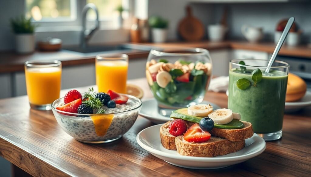 A visually appealing spread of healthy breakfast options arranged on a rustic wooden table. In the foreground, a bowl of oatmeal garnished with fresh berries and a drizzle of honey, alongside a plate of avocado toast topped with sliced tomatoes and microgreens. In the middle ground, a vibrant smoothie bowl filled with spinach, banana, and almond milk, decorated with chia seeds and nuts. A glass of freshly squeezed orange juice adds a pop of color. The background features a softly blurred, sunny kitchen scene with natural light streaming through a window, enhancing the warmth and inviting atmosphere. Emphasize a clean and healthy vibe, highlighting nutritional aspects without any text or clutter in the image. A visually appealing spread of healthy breakfast options arranged on a rustic wooden table. In the foreground, a bowl of oatmeal garnished with fresh berries and a drizzle of honey, alongside a plate of avocado toast topped with sliced tomatoes and microgreens. In the middle ground, a vibrant smoothie bowl filled with spinach, banana, and almond milk, decorated with chia seeds and nuts. A glass of freshly squeezed orange juice adds a pop of color. The background features a softly blurred, sunny kitchen scene with natural light streaming through a window, enhancing the warmth and inviting atmosphere. Emphasize a clean and healthy vibe, highlighting nutritional aspects without any text or clutter in the image.
