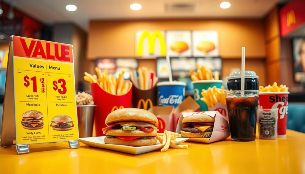 A visually appealing value menu display featuring an assortment of popular fast food items like burgers, fries, and soft drinks, arranged artistically on a vibrant tabletop. In the foreground, a close-up of a brightly colored menu board showcasing the "$1 $2 $3 Menu" sections with appetizing images of the meals. The middle ground includes a well-lit setup with cheerful food packaging and a few iconic McDonald's items styled attractively. The background showcases a subtly blurred McDonald's restaurant interior, giving a sense of the atmosphere. Bright, inviting lighting creates a warm and engaging mood, perfect for conveying the evolution and strategy behind value menus. Use a wide-angle lens to capture the full essence of the scene, focusing on the details of the food items.