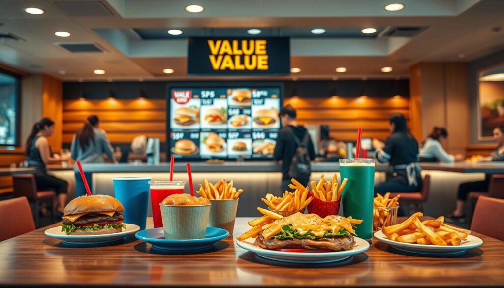 A visually appealing value menu display set in a modern fast-food restaurant. In the foreground, an inviting table features a vibrant selection of value items: burgers, fries, and drinks artfully arranged on colorful plates. The middle ground showcases a sleek counter with a digital menu board displaying enticing images of meal offers, illuminated with warm, soft lighting to create a cozy atmosphere. In the background, customers in casual attire enjoy their meals, adding life to the scene. The overall mood conveys a sense of excitement and affordability, emphasizing the allure of budget-friendly dining choices. Capture the image from a slightly elevated angle to provide a clear view of the menu and the lively restaurant ambiance.
