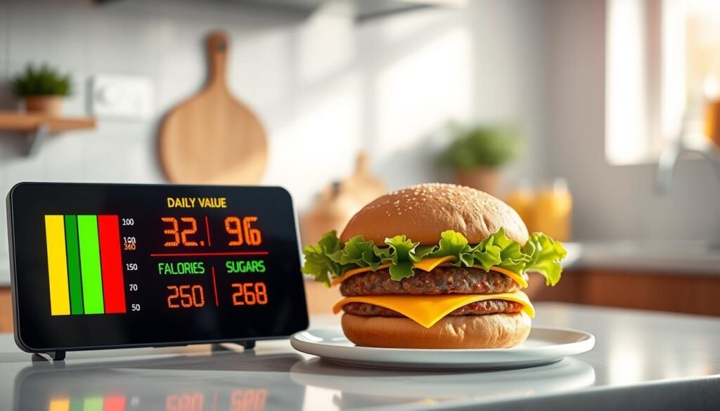 A visually engaging representation of "Daily Value" depicted through a vibrant kitchen countertop scene. In the foreground, a sleek digital display panel shows colorful daily value percentages for key nutrients, such as calories, fats, and sugars, using bright reds and greens for contrast. In the middle ground, a freshly prepared McDonald's hamburger sits on a stylish plate, with ingredients beautifully arranged—crisp lettuce, juicy patty, and bright yellow cheese. The background features a softly blurred kitchen, emphasizing warm natural lighting that creates an inviting atmosphere. Use a shallow depth of field to ensure focus on the hamburger and display panel, evoking a sense of careful consideration and healthy choices. Aim for an uplifting and informative mood throughout the composition. A visually engaging representation of "Daily Value" depicted through a vibrant kitchen countertop scene. In the foreground, a sleek digital display panel shows colorful daily value percentages for key nutrients, such as calories, fats, and sugars, using bright reds and greens for contrast. In the middle ground, a freshly prepared McDonald's hamburger sits on a stylish plate, with ingredients beautifully arranged—crisp lettuce, juicy patty, and bright yellow cheese. The background features a softly blurred kitchen, emphasizing warm natural lighting that creates an inviting atmosphere. Use a shallow depth of field to ensure focus on the hamburger and display panel, evoking a sense of careful consideration and healthy choices. Aim for an uplifting and informative mood throughout the composition.