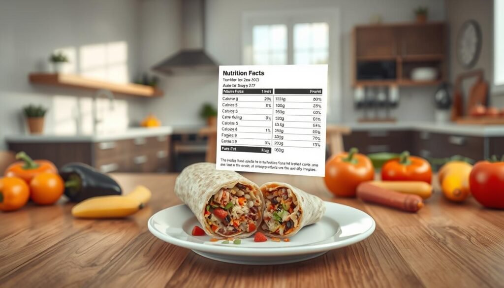 A visually engaging representation of daily nutritional values displayed in a modern kitchen setting. In the foreground, a sleek wooden table showcases a beautifully arranged plate with a McDonald's sausage burrito cut in half, revealing its savory filling. Surrounding the plate, vibrant fruits and vegetables symbolize a balanced diet. In the middle ground, a digitally rendered nutrition label floats prominently, highlighting key nutrients such as calories, fats, and proteins, using clear, easy-to-read graphics. The background features an airy kitchen with natural light streaming through a window, enhancing a fresh and inviting atmosphere. The overall mood is informative yet approachable, perfect for contextualizing nutrition values. Use a soft focus effect on the background to keep the viewer’s attention on the foreground elements. A visually engaging representation of daily nutritional values displayed in a modern kitchen setting. In the foreground, a sleek wooden table showcases a beautifully arranged plate with a McDonald's sausage burrito cut in half, revealing its savory filling. Surrounding the plate, vibrant fruits and vegetables symbolize a balanced diet. In the middle ground, a digitally rendered nutrition label floats prominently, highlighting key nutrients such as calories, fats, and proteins, using clear, easy-to-read graphics. The background features an airy kitchen with natural light streaming through a window, enhancing a fresh and inviting atmosphere. The overall mood is informative yet approachable, perfect for contextualizing nutrition values. Use a soft focus effect on the background to keep the viewer’s attention on the foreground elements.
