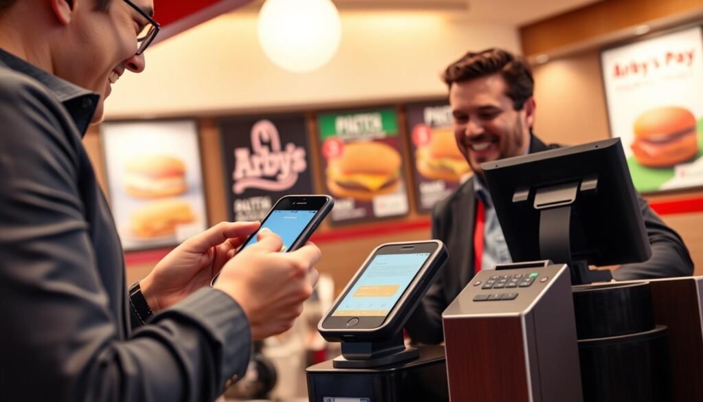 A visually engaging restaurant scene set at an Arby's location, focusing on the integration of digital wallets. In the foreground, a customer in professional casual attire enthusiastically uses their smartphone to make a payment, showcasing the Apple Pay interface. The middle layer features a friendly cashier, smiling and ready to assist, behind the register with a modern cash register equipped for digital transactions. In the background, warm and inviting Arby's decor is visible, with posters of their signature sandwiches, and soft, diffused lighting creating a cozy atmosphere. The angle is slightly elevated to capture both the customer and the register, emphasizing the seamless transaction experience. The mood conveys excitement and convenience, highlighting the modern dining experience.