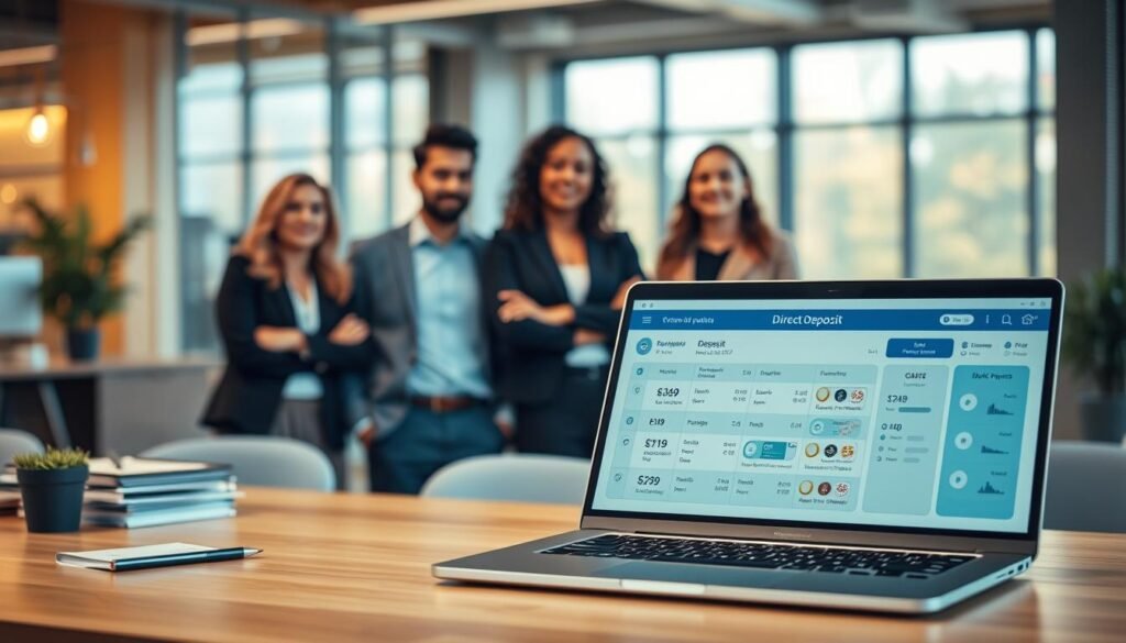 A visually engaging scene depicting various "direct deposit options" in a professional setting. In the foreground, an organized desk showcases a sleek laptop displaying a financial dashboard with icons representing different deposit methods, such as bank transfers and mobile payments. In the middle ground, a confident, diverse group of professionals in business attire discuss payment options, their expressions focused and engaged. The background features a modern office ambiance with large windows allowing warm, natural light to flood the space, creating a welcoming atmosphere. A subtle lens blur enhances the focus on the subjects and the laptop, highlighting the importance of direct deposit. The overall mood is informative and professional, suitable for an article about wage options.