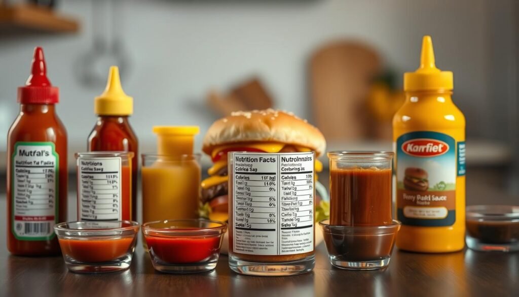 A visually engaging table setup featuring an array of popular condiments, including ketchup, mustard, mayonnaise, and BBQ sauce, each in small glass bowls. In the foreground, focus on detailed nutritional labels showing calories and key nutritional components such as sugar and fat content, illuminated softly by warm lighting to create an inviting feel. In the middle ground, place a partially assembled McDonald's hamburger, highlighting its savory ingredients against a neutral backdrop. The background should include a subtle blurred kitchen setting to evoke a homey atmosphere. Capture the composition from a slightly elevated angle to offer a comprehensive view, evoking a sense of curiosity and informality, inviting the viewer to explore the nutritional impact of each condiment. A visually engaging table setup featuring an array of popular condiments, including ketchup, mustard, mayonnaise, and BBQ sauce, each in small glass bowls. In the foreground, focus on detailed nutritional labels showing calories and key nutritional components such as sugar and fat content, illuminated softly by warm lighting to create an inviting feel. In the middle ground, place a partially assembled McDonald's hamburger, highlighting its savory ingredients against a neutral backdrop. The background should include a subtle blurred kitchen setting to evoke a homey atmosphere. Capture the composition from a slightly elevated angle to offer a comprehensive view, evoking a sense of curiosity and informality, inviting the viewer to explore the nutritional impact of each condiment.