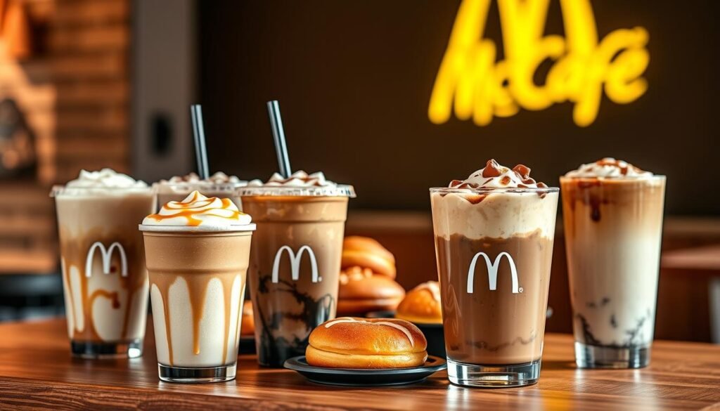 A visually enticing assortment of McCafe drinks including iced coffee, frappes, and seasonal lattes, elegantly arranged on a wooden table. In the foreground, a creamy, frothy cappuccino topped with a swirl of caramel, and a vibrant iced mocha, glistening with condensation, showcase their textures. In the middle, a colorful array of pastries, such as warm muffins and glazed donuts, complements the drinks, inviting indulgence. The background features a softly blurred McCafe logo, illuminated by warm, ambient lighting that creates a cozy atmosphere. The scene captures a bright, inviting mood, perfect for showcasing McCafe's delightful beverage offerings. Shot from a slightly elevated angle to emphasize the drinks and treats, with a shallow depth of field to keep the focus sharp on the food.