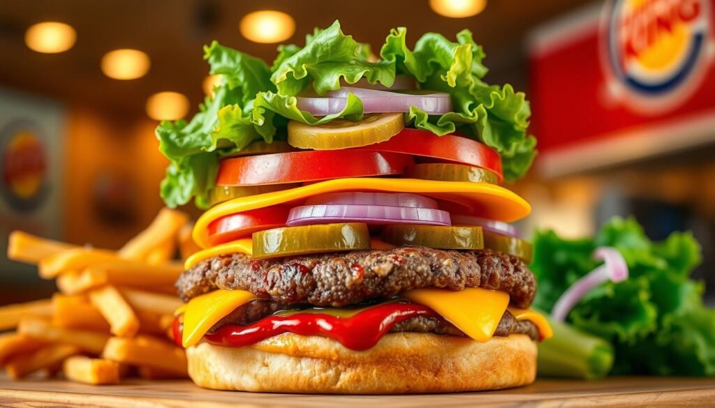 A visually rich arrangement of the ingredients of a Burger King Double Whopper, showcasing fresh, vibrant components. In the foreground, highlight a juicy beef patty topped with melted cheese, crisp lettuce, ripe tomatoes, crunchy pickles, and freshly sliced onions, all stacked high. The middle layer features a soft sesame seed bun, slightly toasted to a golden hue, accompanied by an appetizing smear of ketchup and mayonnaise. In the background, a blurred fast-food setting suggests a casual dining atmosphere, with warm lighting that enhances the food's appeal. Capture the image from a slightly elevated angle, emphasizing texture and color contrast. The mood is inviting and mouthwatering, perfect for illustrating the complex flavor profile of the burger.