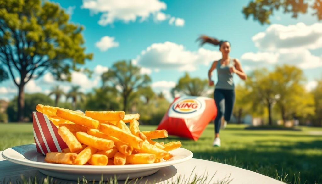 A visually striking and informative illustration representing "calories" in the context of physical activity needed to burn them off. In the foreground, a detailed, appetizing serving of Burger King fries, perfectly golden and tempting, on a clean white plate. In the middle ground, an athletic individual in modest activewear jogging energetically, showcasing movement and effort, with a slight expression of concentration. The background features a park setting with soft green grass and trees, under a bright blue sky with fluffy white clouds. The lighting is vibrant and natural, capturing the energy of the scene. The composition conveys a dynamic and motivational mood, ideal for visualizing the concept of calories and the exercise required to offset them.