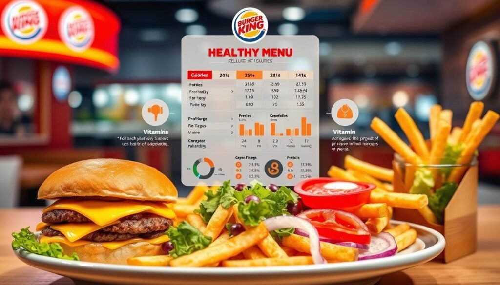 A visually striking design illustrating nutritional information for a fast food menu. In the foreground, a neatly arranged plate featuring a variety of Burger King menu items, like a classic cheeseburger, crispy fries, and a refreshing side salad, all artfully garnished. In the middle, a clear and colorful infographic displaying key nutritional facts, such as calories, protein, fat content, and vitamins, using icons and charts. The background features a subtle hint of a Burger King restaurant environment with bright and inviting colors, creating an appetizing atmosphere. The lighting is warm and soft, with a focus on highlighting the food textures and colors, captured with a slight overhead angle, evoking a sense of healthy choices within the fast food context.