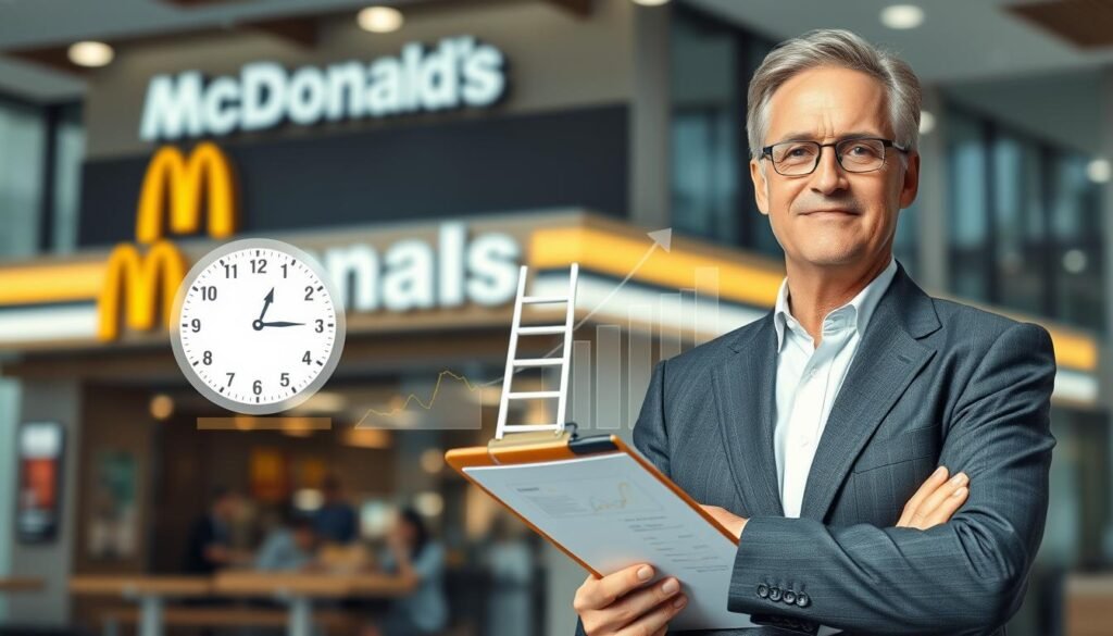 A visually striking image depicting the concept of "years of experience" in a professional setting. In the foreground, a well-dressed manager, a middle-aged person of diverse ethnic background, stands confidently, holding a clipboard with charts and graphs showcasing career growth and tenure. In the middle, there are symbolic elements like a clock with years marked, and a ladder representing progression in one’s career. The background features a modern McDonald's restaurant, subtly blurred, to imply success in the fast-food industry. Soft, natural lighting enhances the professional atmosphere, while a slight bokeh effect on the background adds depth. The composition conveys a sense of achievement and the importance of experience in manager compensation.