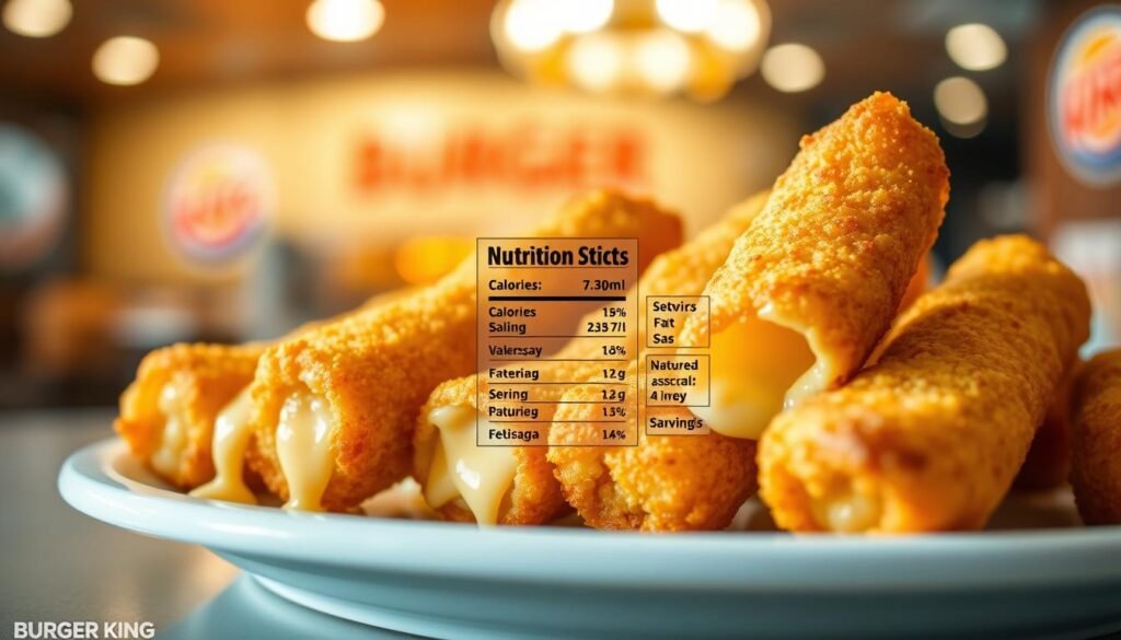 A visually striking image showcasing a close-up of delicious Burger King mozzarella sticks, arranged elegantly on a white plate, with golden-brown crispy exteriors. In the foreground, highlight the gooey, melted cheese oozing from the sides of the sticks, inviting viewers to savor their cheesy texture. The middle of the image features a nutritional chart displayed creatively next to the mozzarella sticks, indicating calories, fat content, and serving sizes in a clear, organized manner. The background is softly blurred, featuring a vibrant Burger King restaurant setting with light reflections that create a warm and inviting atmosphere. Use natural lighting to enhance the texture and color of the mozzarella sticks, with a shallow depth of field to focus on the foreground. The overall mood should be appetizing, making the viewer feel the indulgent experience of enjoying the mozzarella sticks.