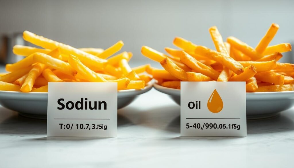 A visually striking image showcasing a side-by-side comparison of French fries, focusing on their sodium and oil content. In the foreground, two plates of golden, crispy fries: one from McDonald's, known for its signature thin cut, and another from a less processed source, highlighting a thicker, more rustic appearance. The middle ground features clear labels detailing the sodium and oil concentrations in each serving, represented by graphic icons of salt and oil droplets. The background sets a clean, neutral kitchen counter with soft, diffused lighting that enhances the food's textures and colors. Shot from a slightly elevated angle, the image aims for a professional, informative atmosphere, suitable for a health-conscious audience, emphasizing nutrition and quality comparison.