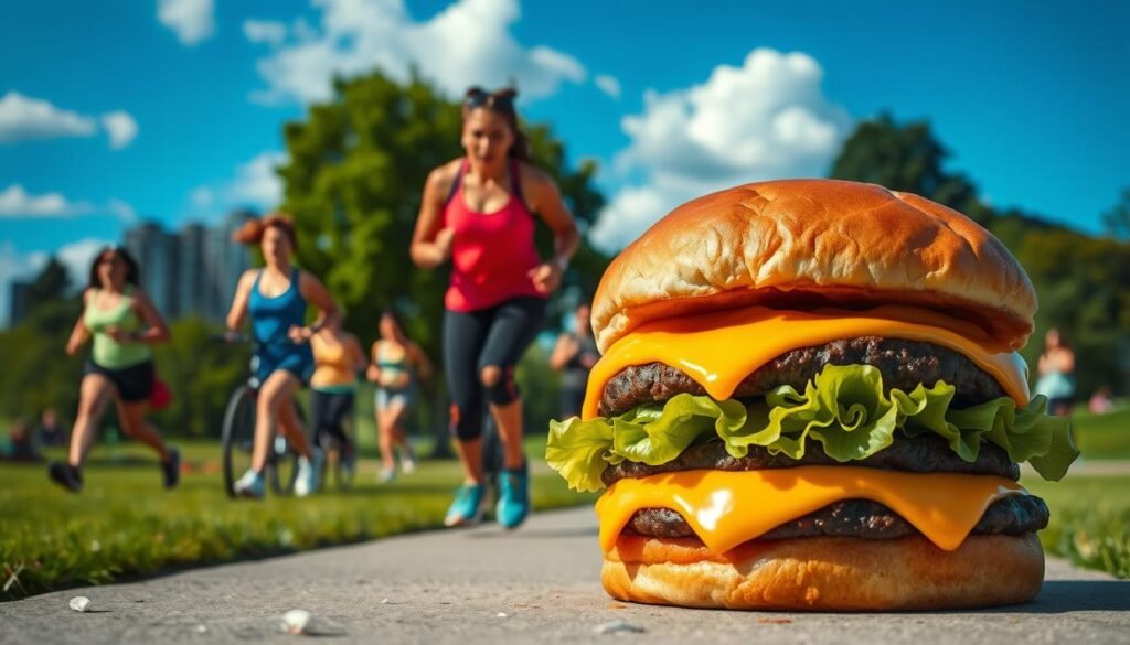A visually striking image showcasing a sumptuous Burger King Double Cheeseburger, positioned prominently in the foreground, with melting cheese, fresh lettuce, and a glistening bun, highlighting its indulgent appearance. In the middle ground, depict a vibrant, lush park setting where a diverse group of people, dressed in modest athletic attire, are engaged in various forms of physical activity such as jogging, cycling, and stretching to suggest calorie-burning activities. In the background, include a clear blue sky with fluffy clouds to create an uplifting and energetic atmosphere. Use natural lighting to enhance the colors of the food and the scenery, capturing the vibrancy of a sunny day. A slight aerial angle would provide a comprehensive view of both the cheeseburger and the active scene, inviting viewers to reflect on balance and health. A visually striking image showcasing a sumptuous Burger King Double Cheeseburger, positioned prominently in the foreground, with melting cheese, fresh lettuce, and a glistening bun, highlighting its indulgent appearance. In the middle ground, depict a vibrant, lush park setting where a diverse group of people, dressed in modest athletic attire, are engaged in various forms of physical activity such as jogging, cycling, and stretching to suggest calorie-burning activities. In the background, include a clear blue sky with fluffy clouds to create an uplifting and energetic atmosphere. Use natural lighting to enhance the colors of the food and the scenery, capturing the vibrancy of a sunny day. A slight aerial angle would provide a comprehensive view of both the cheeseburger and the active scene, inviting viewers to reflect on balance and health.