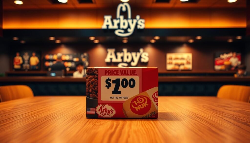 A visually striking price value box to illustrate Arby’s new menu item, prominently displayed in the foreground with a glossy finish. The box is designed with vibrant colors, featuring a price tag prominently in the center, accentuated by eye-catching graphics that represent the new item. In the middle ground, a smooth wooden table provides a contrasting texture, softly illuminated under warm, diffused lighting to create an inviting atmosphere. In the background, an Arby’s restaurant logo is subtly included, giving context without drawing attention away. The angle is slightly elevated, capturing the box in a compelling view that emphasizes the price point. The overall mood is energetic and appealing, perfect for a culinary feature.
