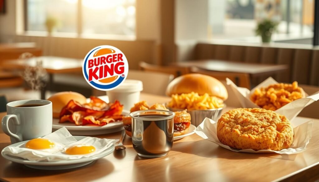 A visually striking scene capturing the essence of Burger King's breakfast hours, featuring a beautifully arranged breakfast table with various iconic items such as fluffy eggs, crispy bacon, and golden hash browns. In the foreground, a steaming cup of coffee sits beside a neatly folded napkin. The middle ground includes a prominently displayed Burger King logo, subtly integrated into the breakfast setup to emphasize brand identity. In the background, softly lit restaurant ambiance with blurred seating areas evokes a welcoming morning atmosphere. Natural sunlight filters through large windows, casting warm, inviting light onto the scene. The mood is cheerful and inviting, promoting the idea of a delicious breakfast. The setting is devoid of any people or text overlays, focusing solely on the appealing food and ambiance characteristic of a Burger King breakfast experience.