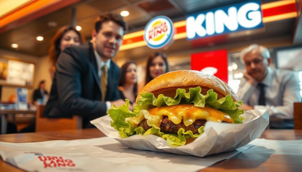 A vivid scene at a Burger King restaurant in Mayfield Heights, featuring a close-up view of an unsettling burger with lettuce prominently displayed. The foreground captures the burger resting on a slightly wrinkled paper wrapper with a hint of the restaurant's logo. The middle ground shows a casual dining setting with patrons in professional business attire, their expressions a mix of surprise and curiosity as they catch sight of the burger. The background illustrates the restaurant’s interior, with bright, warm lighting illuminating the space, giving it a familiar fast-food atmosphere. A wide-angle lens perspective highlights the bustling environment, creating a slightly humorous yet eerie mood that reflects the bizarre nature of the incident. A vivid scene at a Burger King restaurant in Mayfield Heights, featuring a close-up view of an unsettling burger with lettuce prominently displayed. The foreground captures the burger resting on a slightly wrinkled paper wrapper with a hint of the restaurant's logo. The middle ground shows a casual dining setting with patrons in professional business attire, their expressions a mix of surprise and curiosity as they catch sight of the burger. The background illustrates the restaurant’s interior, with bright, warm lighting illuminating the space, giving it a familiar fast-food atmosphere. A wide-angle lens perspective highlights the bustling environment, creating a slightly humorous yet eerie mood that reflects the bizarre nature of the incident.