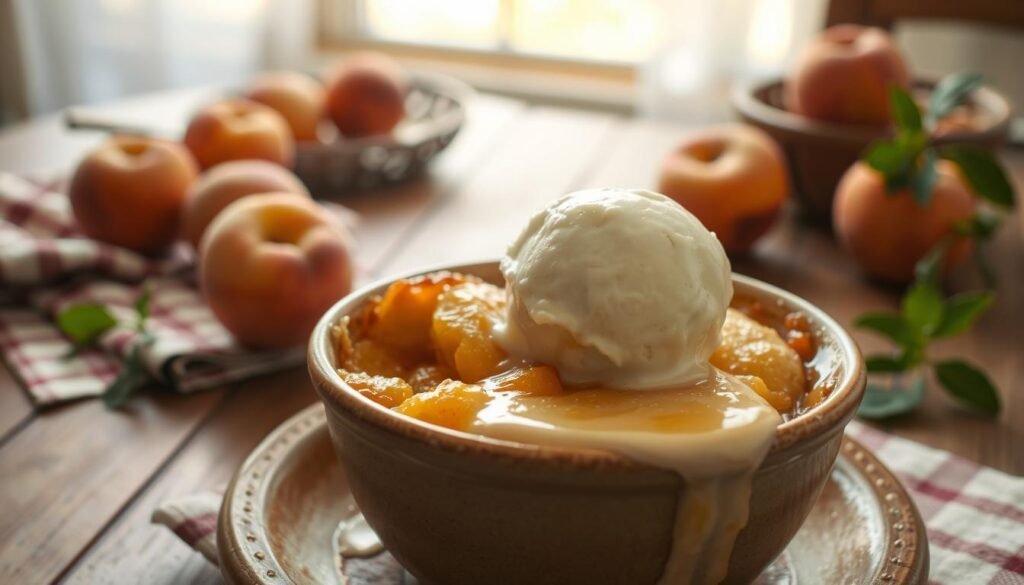 A warm, inviting Southern style peach cobbler served in a rustic ceramic bowl, showcasing golden-brown, flaky crust with bubbling, sweet peach filling oozing slightly over the edges. In the foreground, place a scoop of creamy vanilla ice cream melting atop the cobbler, dripping down the sides. The middle ground features a wooden table adorned with a checkered cloth, some fresh peaches, and sprigs of mint, adding a touch of freshness. In the background, soft, diffused sunlight streams through a nearby window, casting a gentle glow that enhances the warmth of the scene. The atmosphere feels nostalgic and cozy, invoking thoughts of home-cooked comfort food and Southern hospitality.