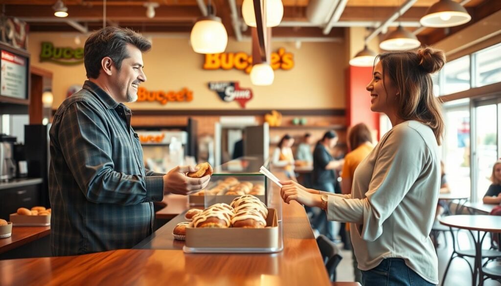 A warm, inviting scene depicting a friendly interaction at a bustling Buc-ee's convenience store. In the foreground, a barista stands behind a counter with a polished wooden surface, serving a fresh cinnamon roll to a smiling customer dressed in comfortable, modest casual attire. The middle layer showcases an array of delicious baked goods, with the iconic cinnamon roll prominently displayed, adorned with icing. Bright, natural light filters through large windows, creating a cheerful atmosphere. The background includes colorful décor typical of Buc-ee's, with vibrant signage and a glimpse of customers enjoying themselves, leisurely browsing. The overall mood is welcoming and hospitable, emphasizing the theme of courtesy during a delightful visit. Aim for a cozy, cheerful aesthetic with soft focus on people to enhance warmth.