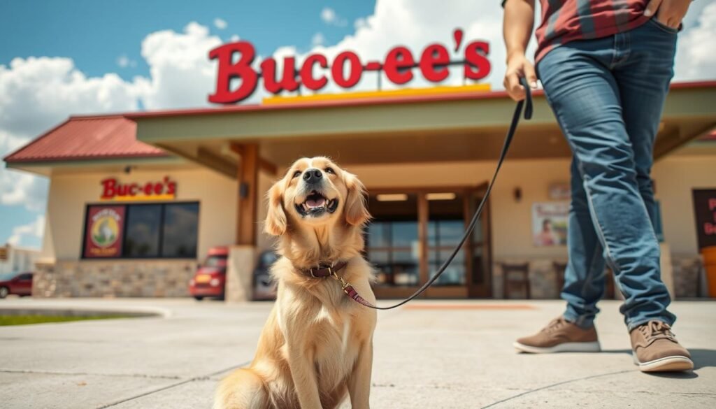 A welcoming outdoor scene at a Buc-ee's convenience store, focusing on the entrance and surrounding area. In the foreground, a friendly golden retriever dog sits eagerly on a leash, looking up attentively. Next to the dog, a person in casual clothing is gently petting it, highlighting the friendly atmosphere. In the middle ground, the typical colorful Buc-ee's signage and large glass doors are visible, emphasizing the inviting environment for visitors. The background features a bright blue sky with fluffy white clouds, suggesting a sunny day. The lighting is warm and natural, creating a cheerful mood. Use a shallow depth of field to focus on the dog and its owner, while softly blurring the store behind them.