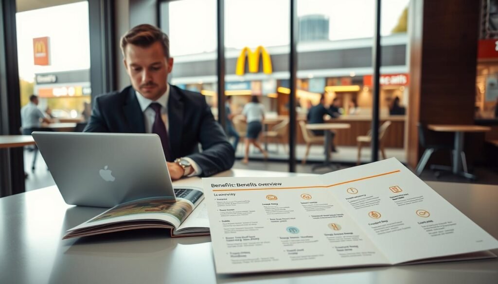 A well-dressed manager in a professional business suit seated at a modern desk, reviewing documents on a laptop. Nearby, a sleek benefits overview brochure is prominently displayed, showcasing various perks like health insurance, vacation days, and employee discounts, all illustrated with engaging icons. In the background, a panoramic view of a bustling McDonald's location is visible through a large window, symbolizing the fast-paced environment of the restaurant chain. Soft, natural lighting enters the room, creating a warm atmosphere that conveys professionalism and motivation. The angle is slightly elevated, focusing on the manager and benefits materials while maintaining a clear view of the restaurant's exterior, emphasizing the balance between work life and employee satisfaction.