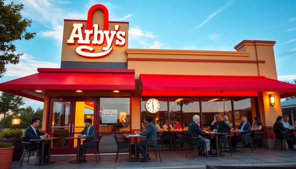 A well-lit Arby's restaurant exterior during lunchtime, featuring the iconic red and white logo prominently displayed. In the foreground, a clean and inviting entrance with glass doors reflecting the sun, surrounded by neatly arranged outdoor seating. In the middle ground, a diverse group of customers in professional business attire enjoying their meals at tables. In the background, a clear blue sky with soft clouds, creating a cheerful atmosphere. Subtly integrated visual cues, like a clock showing lunchtime hours, highlight local operating times without text. The warm lighting emphasizes the welcoming vibe of the location, inviting patrons to enjoy their lunch.