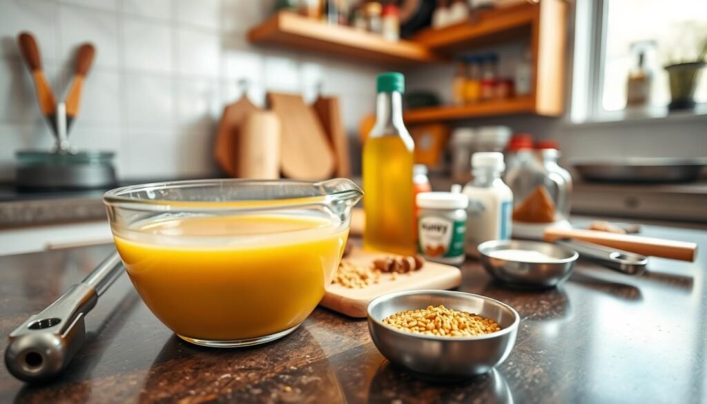 A well-organized kitchen countertop filled with essential equipment for making honey mustard sauce. In the foreground, a glass mixing bowl filled with a creamy yellow sauce, next to a whisk and a measuring cup. In the middle, a cutting board with mustard seeds and a bottle of honey, alongside a small jar of mayonnaise. In the background, soft-focus kitchen shelves displaying spices and various condiments. The scene is warmly lit with natural light streaming through a nearby window, creating an inviting atmosphere. The angle is slightly overhead to capture the entire setup, emphasizing the neat arrangement of the equipment while ensuring a professional cooking ambiance.