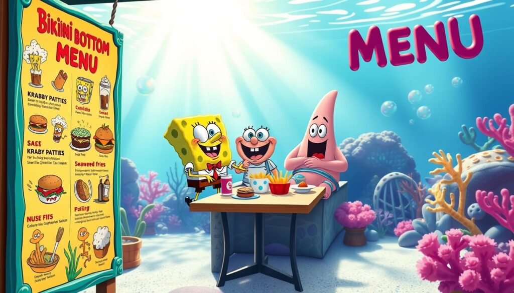 A whimsical and colorful representation of a "Bikini Bottom Menu" showcasing unique underwater delicacies inspired by the animated series. In the foreground, a vibrant menu board featuring playful dishes like Krabby Patties and seaweed fries, adorned with cartoonish illustrations. In the middle, a lively scene with cheerful sea creatures like SpongeBob and Patrick, casually enjoying their meals; ensure they have friendly expressions and animated poses, dressed in their classic outfits. In the background, a sunny underwater landscape with coral reefs and bubbles, illuminated by soft, dappled sunlight filtering through the ocean surface. The atmosphere is light-hearted and fun, evoking a sense of joy and discovery. The image should have a bright and inviting color palette, emphasizing the playful nature of this fictional dining experience.