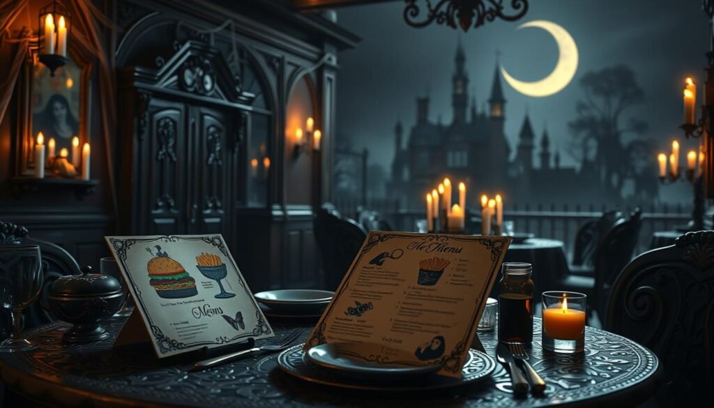 A whimsical and eerie Addams Family menu designed with gothic flair, showcasing various spooky and fun food items like a black burger, ghostly fries, and potions in jars. The foreground features a beautifully ornate, vintage table set with an intricately detailed menu card, featuring illustrations of the dishes. The middle ground includes a dimly lit, ornate dining room with cobwebs and flickering candles casting shadows, adorned with gothic furniture. The background features a dark, eerie mansion silhouette under a crescent moon, creating a mysterious atmosphere. Use soft, warm candlelight for illumination with a slight lens flare effect for a magical touch. The overall mood is playful yet haunting, capturing the essence of the Addams Family. A whimsical and eerie Addams Family menu designed with gothic flair, showcasing various spooky and fun food items like a black burger, ghostly fries, and potions in jars. The foreground features a beautifully ornate, vintage table set with an intricately detailed menu card, featuring illustrations of the dishes. The middle ground includes a dimly lit, ornate dining room with cobwebs and flickering candles casting shadows, adorned with gothic furniture. The background features a dark, eerie mansion silhouette under a crescent moon, creating a mysterious atmosphere. Use soft, warm candlelight for illumination with a slight lens flare effect for a magical touch. The overall mood is playful yet haunting, capturing the essence of the Addams Family.