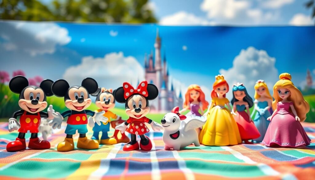 A whimsical collection of colorful Disney Happy Meal toys, including beloved characters like Mickey Mouse, Minnie Mouse, and various Disney princesses, arranged playfully on a vibrant picnic blanket. In the foreground, the toys have cheerful expressions and are positioned as if celebrating. In the middle, a backdrop of an enchanting digital landscape featuring a magical castle and fluffy clouds enhances the Disney theme. The lighting is bright and joyful, reflecting a sunny day, with soft shadows adding depth. The angle is slightly tilted, capturing the toys from above for a dynamic view. The overall mood is nostalgic and joyful, evoking childhood memories associated with Disney and happy meals.