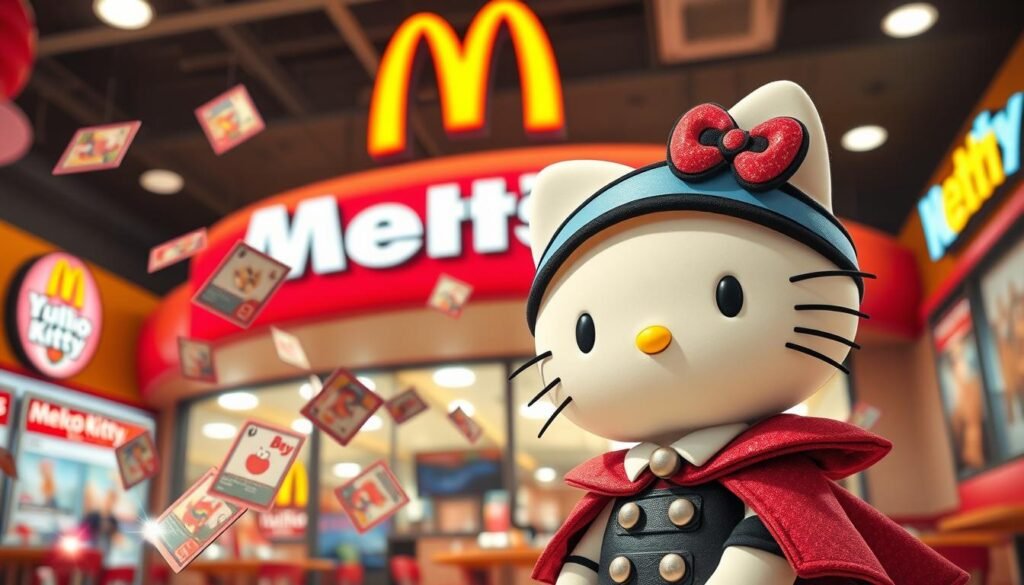A whimsical scene featuring Hello Kitty dressed as a Yu-Gi-Oh! duelist, with a playful expression. In the foreground, depict Hello Kitty in her signature cat form, wearing a stylish dueling outfit complete with a vibrant cape and a headband mimicking a Yu-Gi-Oh! duel disk. In the middle ground, show her surrounded by iconic Yu-Gi-Oh! cards floating in the air, shimmering with colorful effects, hinting at magical dueling powers. The background showcases a bright, cheerful McDonald’s restaurant, adorned with playful decorations that blend the Hello Kitty and Yu-Gi-Oh! themes. Soft, warm lighting enhances the scene, creating an inviting atmosphere reminiscent of a fun day at a themed event. The image should evoke a sense of nostalgia and excitement, capturing the essence of collecting and fandom.