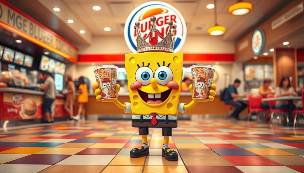 A whimsical scene featuring a cartoonish SpongeBob SquarePants dressed as a Burger King employee, proudly holding sparkling, vibrant collectible cups adorned with various illustrations of his adventures. In the foreground, SpongeBob stands on a colorful tile floor of a Burger King restaurant, with an oversized crown on his head. The middle ground includes a bustling fast-food counter, with playful menu items and cheerful customers enjoying their meals. In the background, the classic Burger King logo is prominently displayed, accented by bright, cheerful lighting that evokes a fun, family-friendly atmosphere. The image should have a warm, inviting mood, capturing the essence of nostalgia and excitement for kids and collectors alike. The perspective is slightly low to make SpongeBob appear larger-than-life against the busy restaurant backdrop.