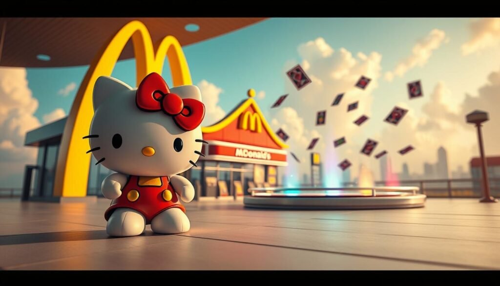 A whimsical scene featuring a fusion character inspired by Hello Kitty and Yu-Gi-Oh! The foreground showcases a cute, cartoonish version of Hello Kitty wearing a classic duel disk, her signature bow prominently displayed. In the middle, a vibrant McDonald's setting featuring iconic elements like the golden arches and playful meal boxes morphs into a Yu-Gi-Oh! duel arena, with cards floating in the air, casting colorful lights. The background reveals a dreamy, pastel sky filled with fluffy clouds and hints of a city skyline, reflecting global influences. Soft, warm lighting bathes the scene, evoking a cheerful and fantastical atmosphere, inviting viewers into this unique collaboration. The angle captures an engaging perspective, as if the viewer is part of the fun, experiencing the excitement of this unexpected crossover.