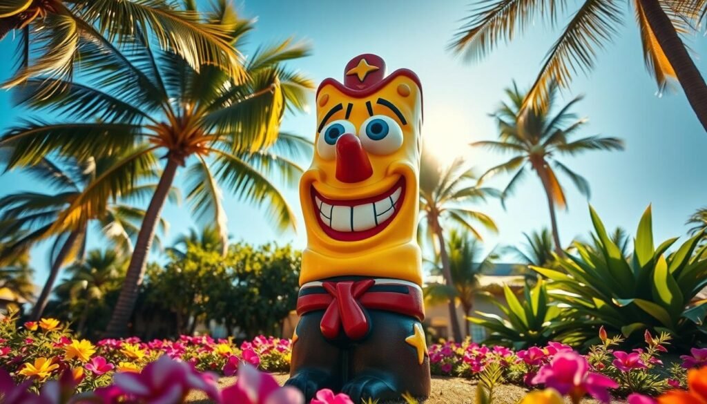 A whimsical, vivid scene featuring a SpongeBob SquarePants tiki statue prominently in the foreground, adorned with bright colors and intricate details reflecting SpongeBob's playful personality. The statue is surrounded by a lush, tropical environment, with palm trees swaying gently in the background and vibrant flowers dotting the landscape. The tiki's facial features are exaggerated, capturing SpongeBob's signature grin and big eyes. Soft, warm sunlight filters through the leaves, creating dappled light patterns on the ground, enhancing the cheerful mood of the scene. The composition is shot from a low angle, emphasizing the tiki's towering presence against a clear blue sky, evoking a sense of nostalgia and joy associated with the iconic character. Overall, the atmosphere is lively and inviting, perfect for capturing the essence of SpongeBob’s fun-loving spirit.