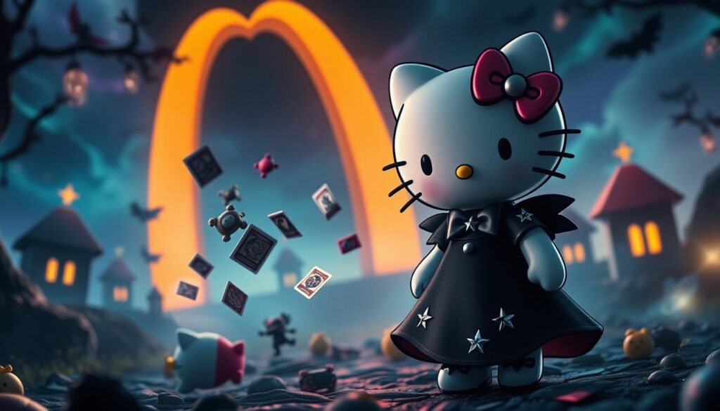 A whimsical yet edgy reinterpretation of Hello Kitty, featuring her dressed in a dark, gothic attire. The character stands confidently in the foreground, with a flowing black dress adorned with silver star accents and a matching bow. Her signature whiskers and round face are accented with subtle, mischief-infused expressions, creating a playful contrast. In the middle ground, a swirl of toys and Yu-Gi-Oh! card motifs playfully float around, fusing elements from both franchises. The background displays a vibrant, fantastical landscape, combining iconic McDonald's elements, like the golden arches, with shadowy fantasy elements. The scene is illuminated with a mystical glow, casting ethereal lights, enhancing the mood of surreal charm and intrigue. Shot from a slightly low angle to emphasize the character's stature, with soft-focus edges to evoke a dreamy atmosphere.