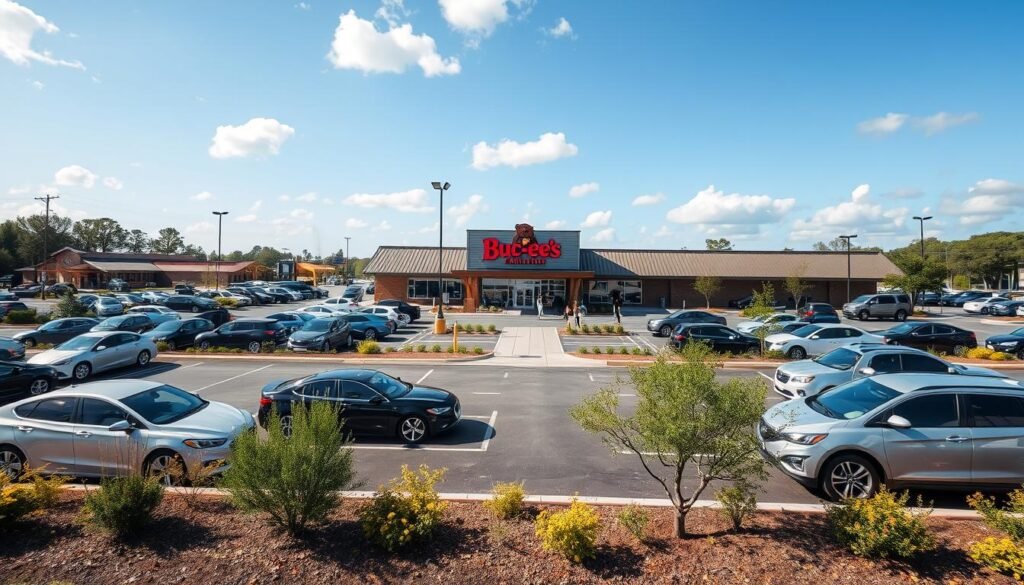A wide view of a well-designed parking area at Buc-ee's Ocala, featuring spacious, organized parking spots filled with cars representing diverse makes and models. In the foreground, include well-maintained landscaping with native plants and small trees. The middle ground showcases a modern convenience store building with a distinctively large sign and the iconic Buc-ee's beaver mascot, bustling with activity, as families and individuals walk toward it. The background reveals a clear blue sky with softly scattered clouds, enhancing the pleasant atmosphere. Use natural lighting that highlights the architectural features and creates gentle shadows, simulating a bright midday sun. Capture the scene from a slightly elevated angle, emphasizing both the parking layout and the store's inviting facade to convey an energetic vibe of anticipation and excitement.