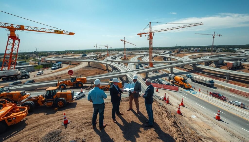 Aerial view of the I-75 interchange project in Marion County, showcasing a busy construction site. The foreground features heavy machinery like cranes, bulldozers, and concrete mixers, actively working on the interchange. In the middle ground, workers in professional business attire are collaborating, examining blueprints, while safety cones and barriers outline the construction zone. The background presents a clear sky with natural daylight illuminating the scene, highlighting the complex road layouts and connecting ramps. The overall atmosphere is dynamic and industrious, underlining the critical progress of infrastructure development. Use a wide-angle lens perspective to capture the expansive layout, enhancing the sense of scale and importance of the project.