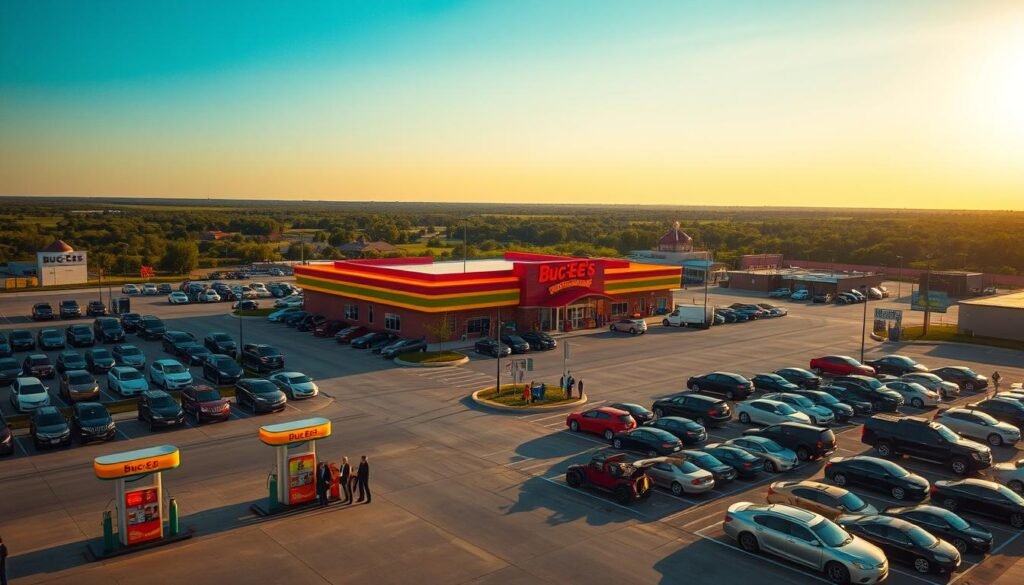 Aerial view of the largest Buc-ee's location in the country, showcasing its massive size with a sprawling parking lot filled with cars, and bright, eye-catching signage. In the foreground, well-known gas station pumps illuminated by soft evening light, creating a welcoming atmosphere. The middle section features the iconic Buc-ee's building, vibrant red and yellow colors, bustling with families and travelers in professional business attire and modest casual clothing. In the background, green Texas landscape and clear blue skies, enhancing the mood of a sunny, cheerful day. Capture from a slightly elevated angle to emphasize scale and depth, with a warm golden hour glow illuminating the scene, evoking excitement and adventure for road trip enthusiasts.
