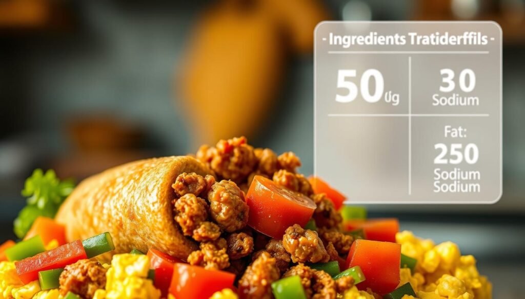 An artistic representation of an ingredient profile for McDonald's sausage burrito, featuring prominently displayed elements such as a close-up of a golden-brown sausage patty, crumbled and surrounded by a mix of vibrant vegetables like diced tomatoes, green peppers, and fluffy scrambled eggs. In the background, a clear graphic depiction of nutritional information showing fat and sodium content in a clean, modern design. Soft, natural lighting enhances the freshness of the ingredients while a blurred kitchen setting creates a warm atmosphere. The angle is slightly overhead, focusing on the richness and color of the food, evoking a sense of appetite and curiosity. Make it visually appealing to draw the viewer's attention to the wholesome ingredients used in the breakfast item. An artistic representation of an ingredient profile for McDonald's sausage burrito, featuring prominently displayed elements such as a close-up of a golden-brown sausage patty, crumbled and surrounded by a mix of vibrant vegetables like diced tomatoes, green peppers, and fluffy scrambled eggs. In the background, a clear graphic depiction of nutritional information showing fat and sodium content in a clean, modern design. Soft, natural lighting enhances the freshness of the ingredients while a blurred kitchen setting creates a warm atmosphere. The angle is slightly overhead, focusing on the richness and color of the food, evoking a sense of appetite and curiosity. Make it visually appealing to draw the viewer's attention to the wholesome ingredients used in the breakfast item.