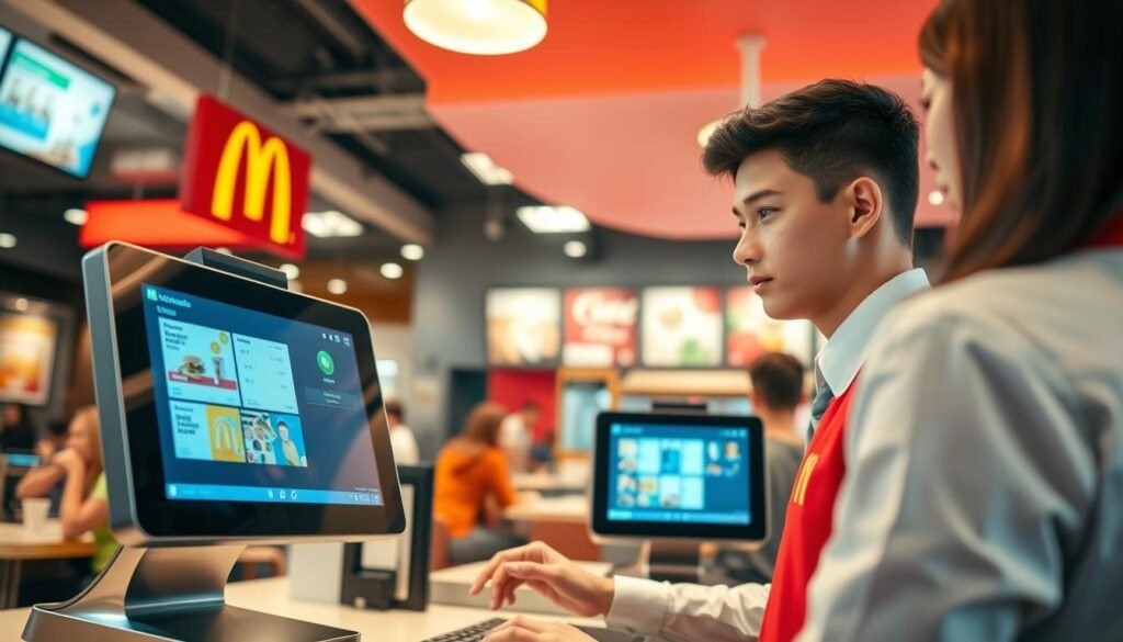 An indoor fast-food restaurant scene focused on a young employee taking orders efficiently at a McDonald's POS system. In the foreground, the employee, dressed in a professional McDonald's uniform, is focused and interacting with a customer. The middle ground features the sleek, modern POS machine displaying an order screen, with colorful menu items visible. The background showcases a busy restaurant ambiance with customers at tables and a clean, well-organized counter. The lighting is bright and cheerful, illuminated by overhead lights, creating a welcoming atmosphere. The angle is slightly above eye level, capturing the action from a dynamic perspective, emphasizing the speed and efficiency of order taking. The overall mood is energetic and professional, illustrating the importance of quick service in a fast-food environment.