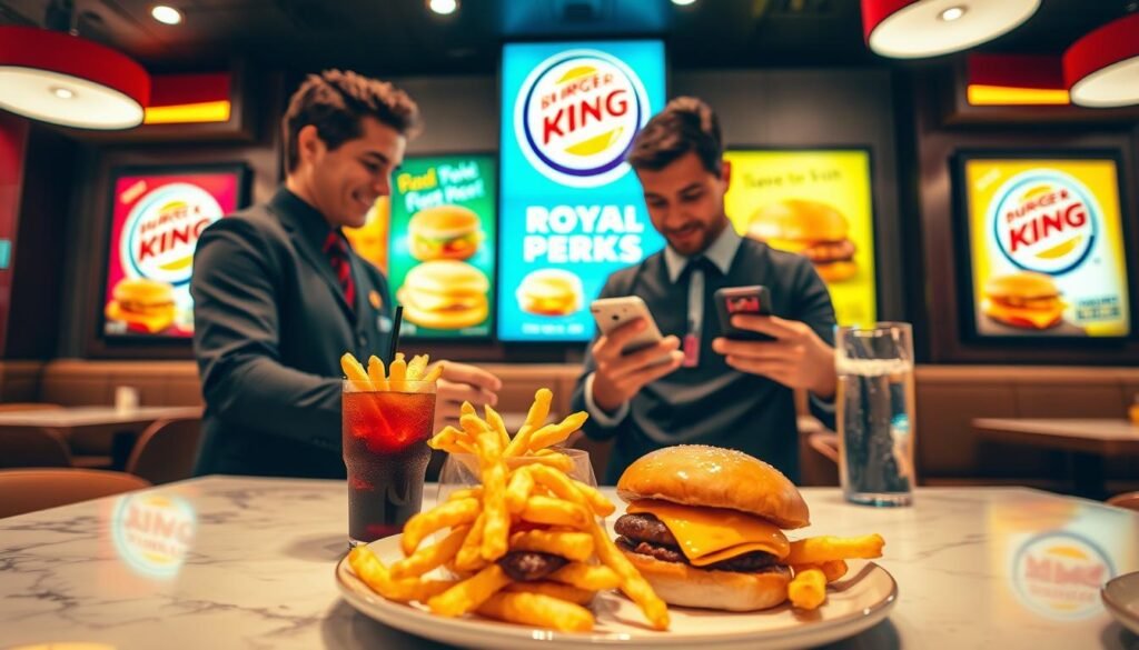 An inviting scene depicting a luxurious dining experience in a Burger King restaurant, highlighting the Royal Perks rewards program. In the foreground, a beautifully arranged table showcases a mouthwatering cheeseburger meal with crispy fries and a refreshing drink, all elegantly presented. The middle ground features a friendly, professional staff member in a Burger King uniform assisting a customer who is excitedly scanning the Royal Perks app on their phone. The background includes colorful promotional posters featuring – cheeseburgers and the Royal Perks logo, illuminated with bright, warm lighting to create a welcoming atmosphere. The composition captures an atmosphere of enjoyment and satisfaction, emphasizing the rewards experience, with a slight lens blur to draw focus on the delicious meal and engaging interaction.