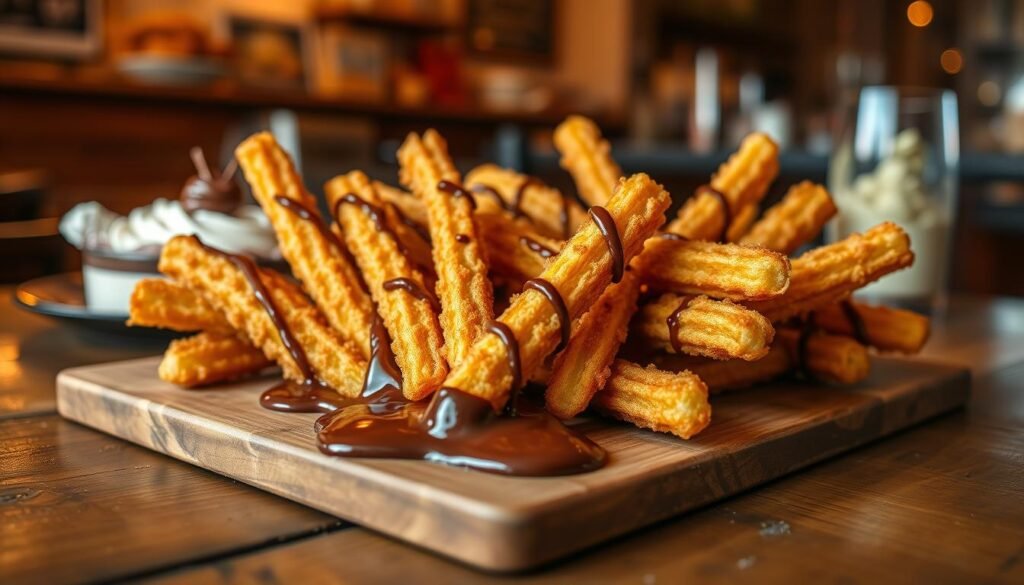 Churro fries arranged beautifully on a rustic wooden table, with crispy, golden-brown textures glistening under warm, soft lighting. The fries are drizzled with rich, glossy chocolate sauce that pools invitingly at the base, creating an enticing contrast against the warm tones of the churros. In the background, a blurred out café setting adds a cozy ambiance, with subtle hints of other dessert items just out of focus. The scene is shot from a slightly elevated angle, allowing a clear view of the churro fries and the luxurious chocolate sauce. The overall atmosphere is warm and inviting, evoking a sense of indulgence and comfort, perfect for the centerpiece of a delicious flavor exploration. Churro fries arranged beautifully on a rustic wooden table, with crispy, golden-brown textures glistening under warm, soft lighting. The fries are drizzled with rich, glossy chocolate sauce that pools invitingly at the base, creating an enticing contrast against the warm tones of the churros. In the background, a blurred out café setting adds a cozy ambiance, with subtle hints of other dessert items just out of focus. The scene is shot from a slightly elevated angle, allowing a clear view of the churro fries and the luxurious chocolate sauce. The overall atmosphere is warm and inviting, evoking a sense of indulgence and comfort, perfect for the centerpiece of a delicious flavor exploration.