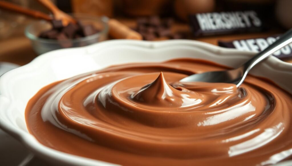 Rich, velvety chocolate cream texture filling a shallow, elegant bowl, showcasing its smooth, glossy surface that reflects soft light. The foreground captures the intricate swirls and peaks of the creamy mixture, illustrating its luxurious consistency. In the middle ground, a few spoonfuls of the creamy delight spill onto a pristine white plate, inviting the viewer to experience its delectable allure. The background brings in a subtle blur of warm, earthy tones to evoke a cozy kitchen atmosphere, with hints of baking tools and Hershey chocolate bars softly out of focus. Soft, diffused natural lighting enhances the decadent feel, emphasizing the creamy textures while creating a mouthwatering and inviting mood that highlights the essence of indulgence associated with chocolate.